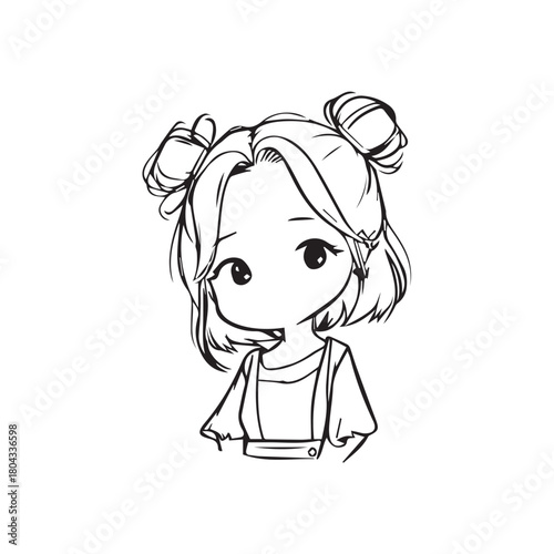 Beautiful Kawaii Girl Black and White Vector Illustration in Cute Simple Line Art Style