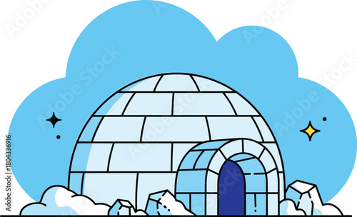 Cartoon igloo illustration, Arctic shelter, snow dome design, ice block structure, whimsical cloud background, star accent, winter theme