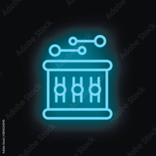 Blue neon icon of a server connecting to network representing data storage, cloud computing and cybersecurity