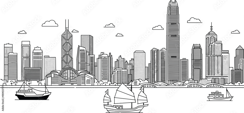 Obraz premium City skyline line art, waterfront view, sailboat motorboat sketch, modern skyscraper outline, urban architecture, black and white illustration
