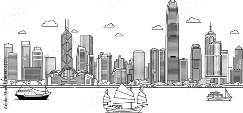 City skyline line art, waterfront view, sailboat motorboat sketch, modern skyscraper outline, urban architecture, black and white illustration