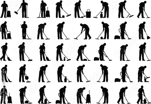 Cleaning worker silhouettes in action, janitor tasks, sanitation icons, housekeeping poses, black vector grid, hygiene concept, equipment usage