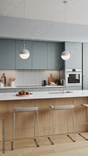 Modern minimalist kitchen design features sleek blue cabinetry, a spacious island with bar stools, and contemporary pendant lighting, perfect for home renovation inspiration.