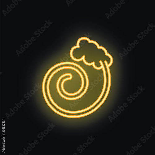 Yellow neon sign of a big ocean wave breaking with foam on a black background