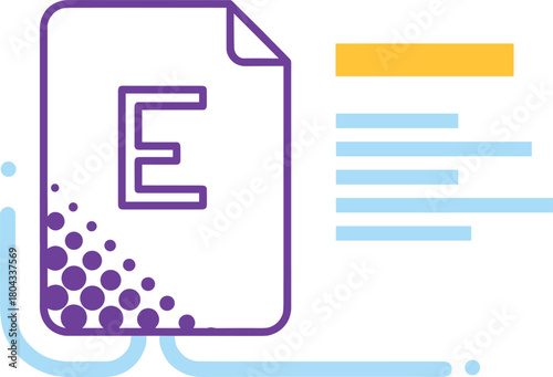 Digital document icon, stylized E file, abstract data flow, modern interface, tech visualization, purple outline, connectivity, infographic element, electronic record, futuristic design