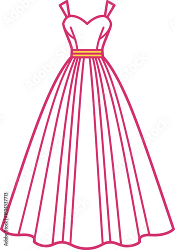 Elegant dress illustration, pink outline, sweetheart neckline, orange waistband, pleated skirt, fashion design, formal wear 