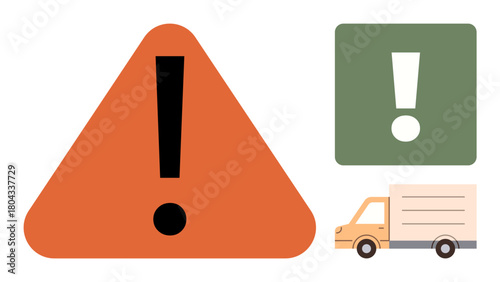 Large orange warning triangle with bold exclamation mark, green notification box, truck icon. Ideal for logistics, shipping safety, transportation alerts, risk caution, process warnings, delivery