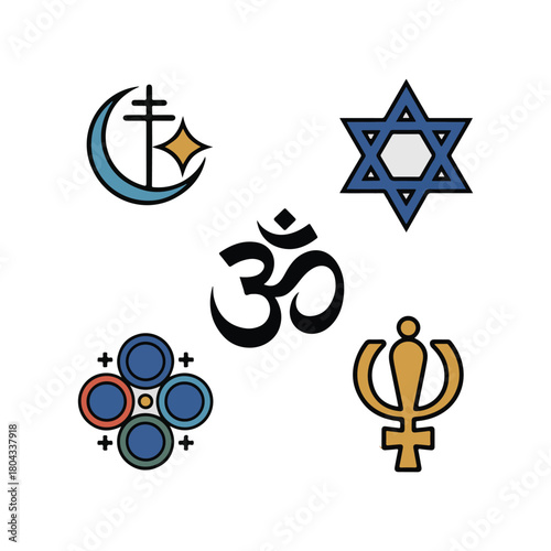 Five religious symbols including Om Star of David Dharma Chakra Khanda vector.