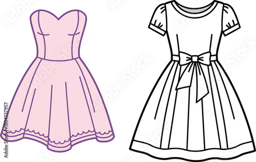 Fashion illustration, dress comparison, pink gown, black and white dress, sweetheart neckline, bow waist, pleated skirt, elegant style