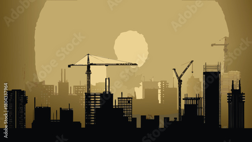 Aerial view of a sprawling urban construction site with various buildings machinery and infrastructure showcasing development and city growth