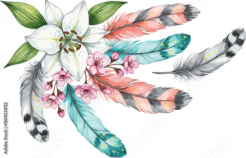 Floral feather composition, white lily center, cherry blossom accents, colorful plume design, nature art, decorative vector, botanical harmony