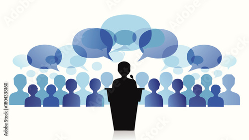 Dynamic silhouette of a speaker viewed from behind conveying a sense of performance music or presentation with a modern minimalist aesthetic