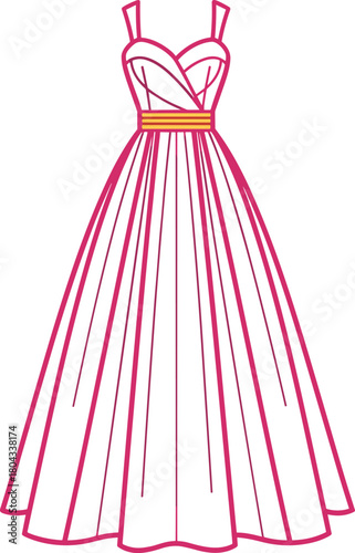 Formal dress illustration, sweetheart neckline, pleated skirt, yellow waist band, pink outline, elegant gown, fashion design, stylish apparel