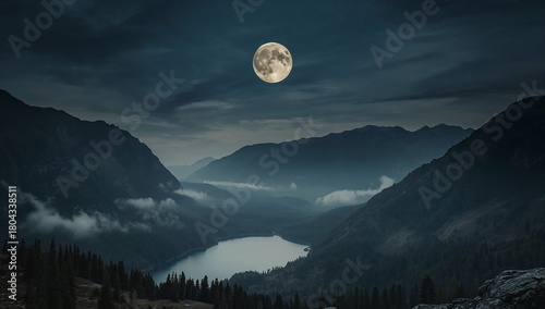 A mountain valley covered in fog at night, with a beautiful full moon.