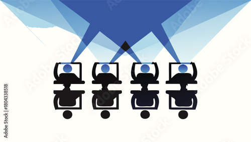 Aerial perspective of diverse seated silhouettes against a blank background suitable for architectural or interior design concepts