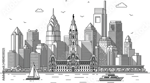 Philadelphia skyline, city hall, historic architecture, modern buildings, river scene, sailboat, urban illustration, black and white, iconic landmarks, sketch