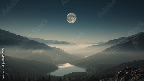 A mountain valley covered in fog at night, with a beautiful full moon.