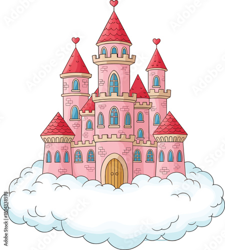 Pink castle illustration, heart finials, cloud base, fairy tale tower, magical design, fantasy vector, dreamy scene, children’s art