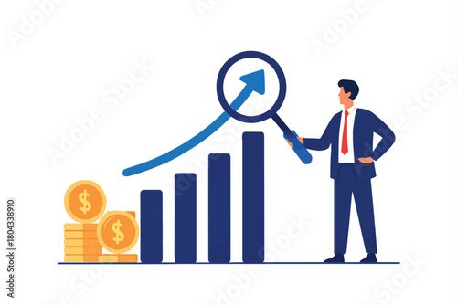 Business growth and financial success with a magnifying glass on rising revenue charts and coins