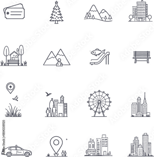 Travel, City, Nature, and Recreation Line Icons Set Urban Life, Tourism, Adventure, and Landmark Symbols