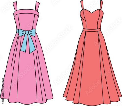 Sleeveless dress illustration, pink and coral, fashion vector, flared skirt, sweetheart neckline, bow detail, 