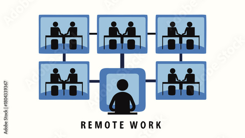 Illustration of diverse remote workers collaborating and connecting from separate modern cubicles symbolizing distributed teams and digital communication networks