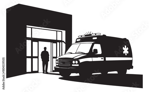 Ambulance Emergency Entrance Silhouette, Hospital Medical Rescue Illustration.