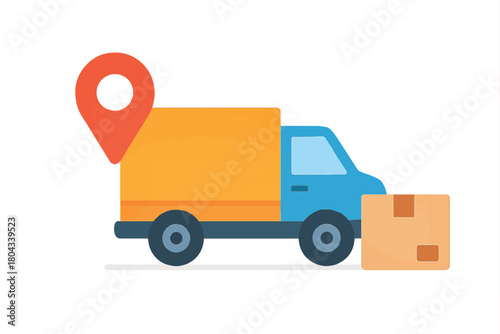 Delivery truck with a location pin and a package, representing shipping and logistics services