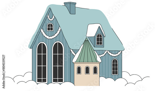 Winter house illustration, snowy setting, festive garland, blue siding, arched windows, holiday home, cozy design, vector art, seasonal