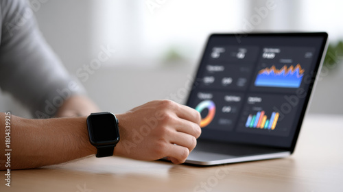 Focused professional businessman at desk using laptop for business data analysis. screen shows financial dashboard with charts and graphs for project management strategy