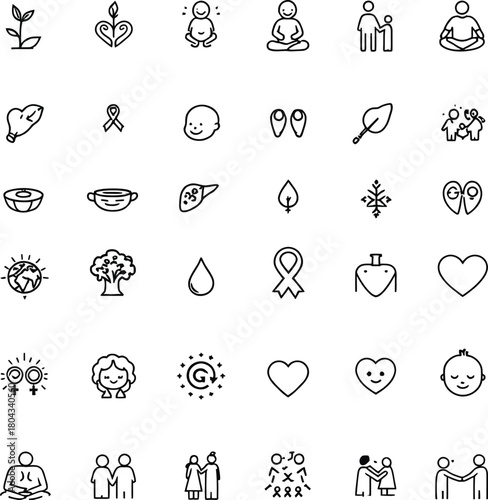 Life Wellness Ecology Health Icons Set Baby Family Plant Heart Meditation Ribbon Nature Line Art Vector