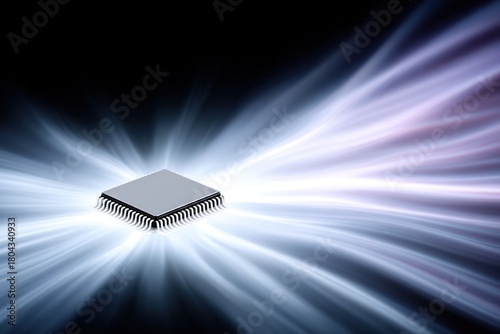 Electronic Microchip in Digital Stream: Illustrating the digital world's essence, a modern electronic microchip is radiating with powerful streams of energy.