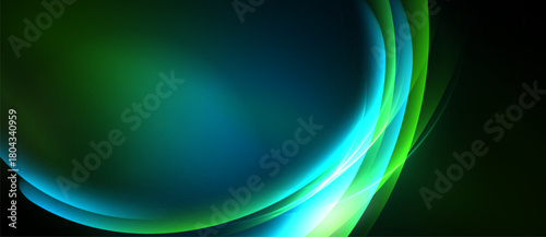Abstract design features flowing curves, vibrant greens, blues. Smooth gradients create dynamic visual effect. Modern, elegant composition.