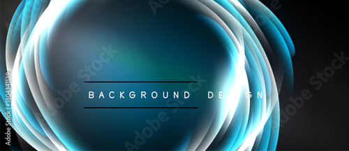 Abstract blue layers create circular glow. White highlights emphasize curves, forming dynamic background design. Text reads background design.
