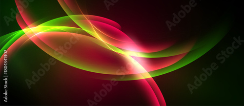 Abstract design features flowing curves, vibrant colors. Green, pink, yellow blend creating dynamic visual effect. Smooth gradients dominate composition.