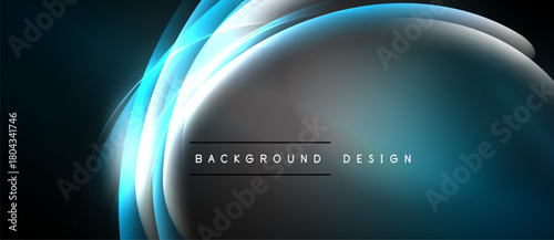 Abstract blue glow curves create dynamic background. Smooth gradients, modern design elements, dark space surrounds bright center.