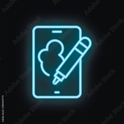 Blue neon icon of a stylus pen drawing on a smartphone screen