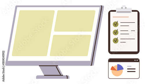 Desktop computer screen with grid layout, clipboard showing checklist, and browser window displaying chart. Ideal for management, planning, organization, productivity, analysis, workflow