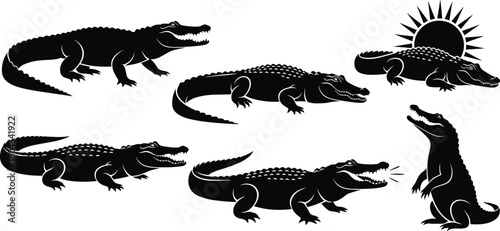 Alligator silhouette vector, crocodile reptile illustration, predator pose animal composition, sun element design, cad drawing flat vector illustration, swamp stance