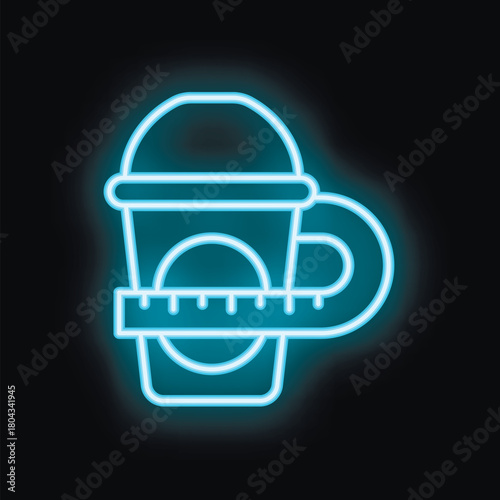Neon blue icon of a paper coffee cup being measured with a measuring tape, representing the concept of intermittent fasting