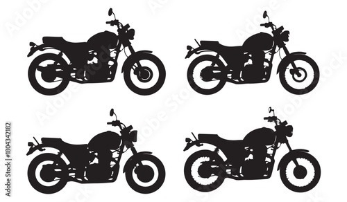  Four silhouettes of classic motorcycles on a white background