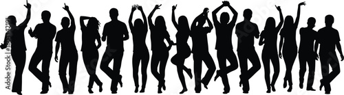 Silhouetted dancers in motion, expressive poses, black figures, white background, group rhythm, dynamic movement, artistic energy, celebration, unity