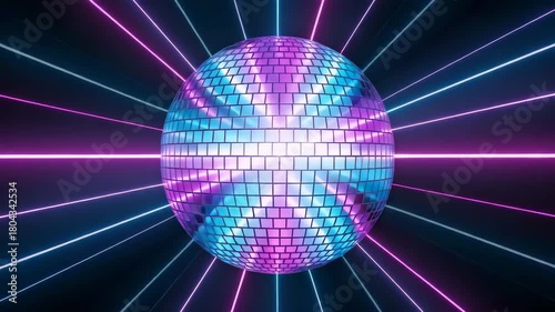 Shiny disco ball reflecting vibrant neon blue and pink laser light beams against a dark party background