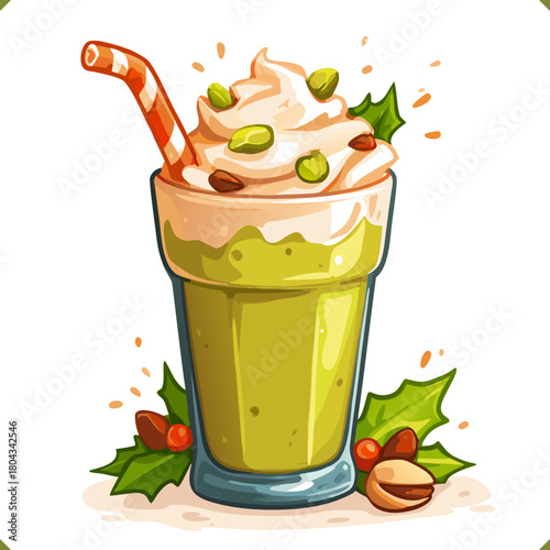 Vector illustration of a pistachio milkshake with whipped cream, nuts, striped straw, holly leaves, isolated on a white background. Vector illustration of pistachio beverage on white background