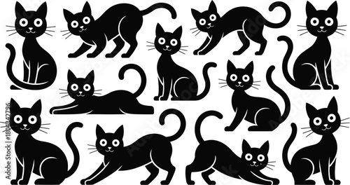 Stylized black cat collection featuring various cartoon feline silhouettes in diverse playful poses and actions graphic element