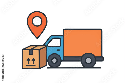 Delivery truck with package and location pin, representing logistics and shipping services