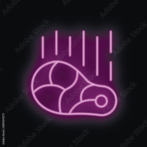 Purple neon icon of meat processing with sliced meat loaf on black background