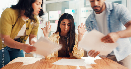 Photos Frustrated woman, documents and overwhelmed with team, stress or paperwork for multitasking