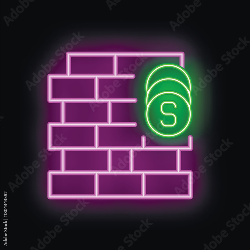Neon sign depicting a brick wall with three coins and a dollar sign, representing the concept of paying for building work