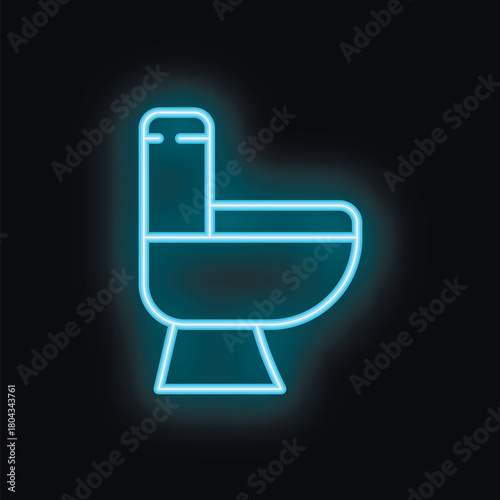 Blue neon icon of a toilet glowing on a black background